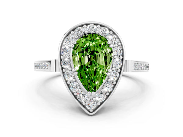 Platinum Pear Cut Peridot Halo Ring with Split Shank and Four-Prong Setting