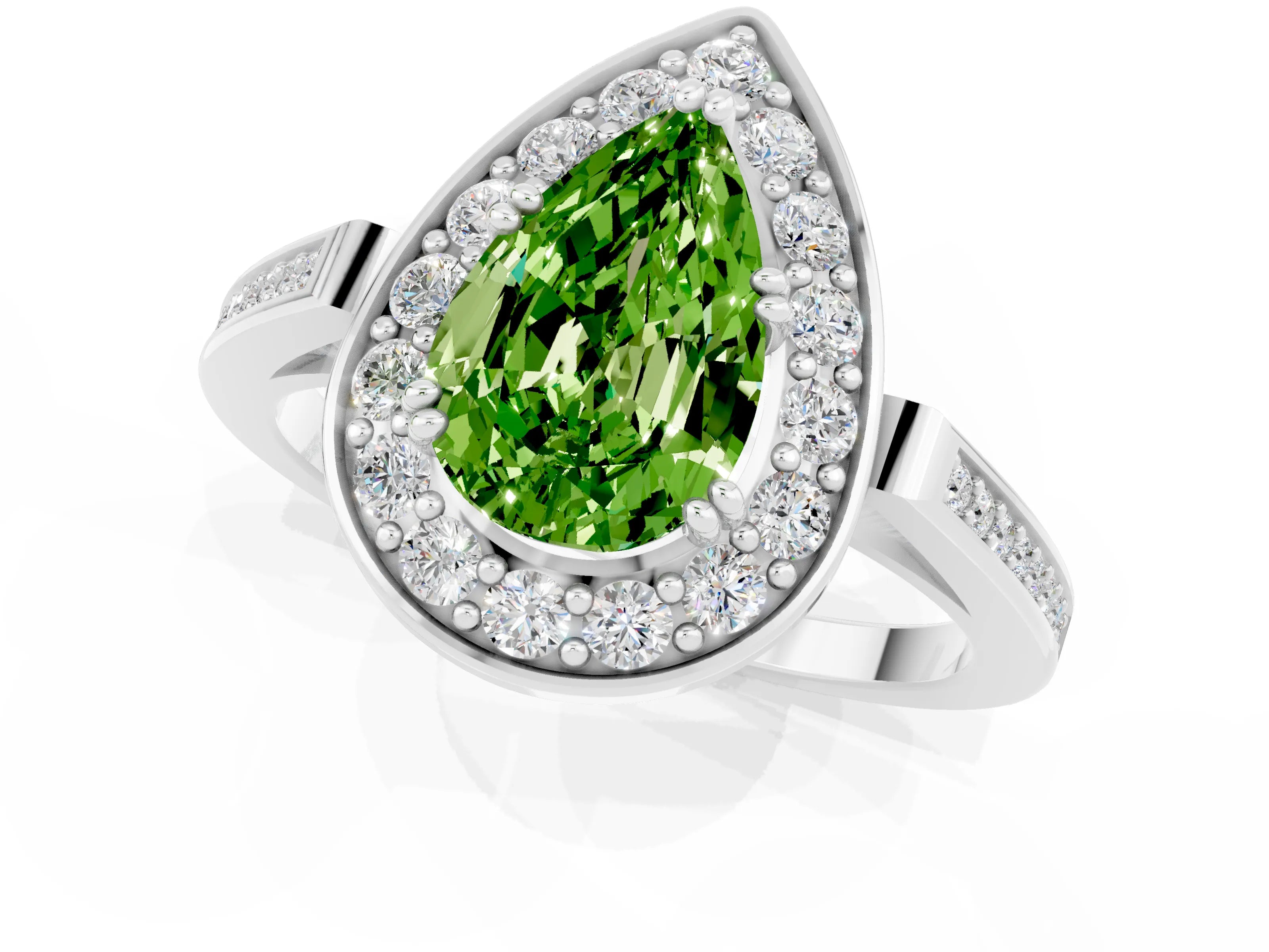 White gold Pear Cut Peridot Halo Ring with Split Shank and Four-Prong Setting_1