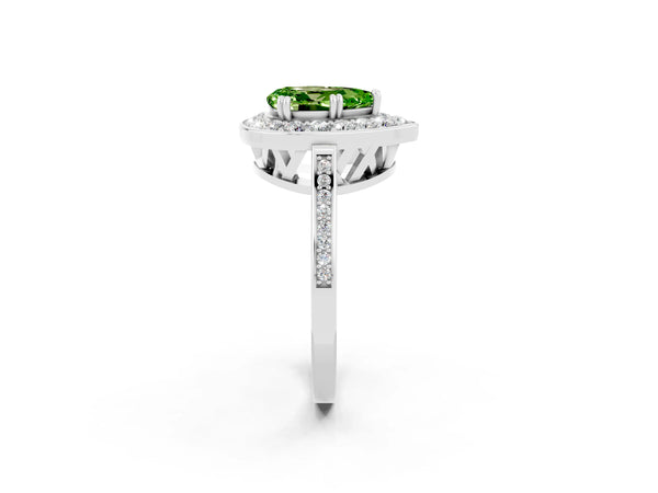 Silver Pear Cut Peridot Halo Ring with Split Shank and Four-Prong Setting
