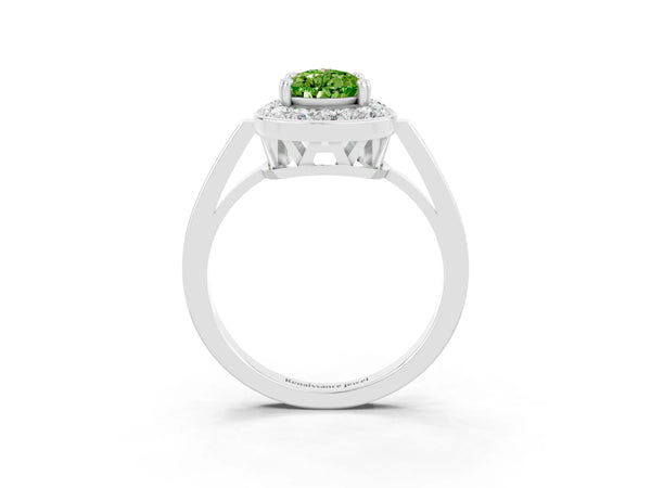 Platinum Pear Cut Peridot Halo Ring with Split Shank and Four-Prong Setting