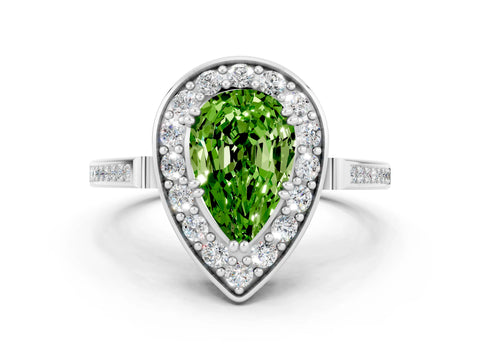 White gold Pear Cut Peridot Halo Ring with Split Shank and Four-Prong Setting