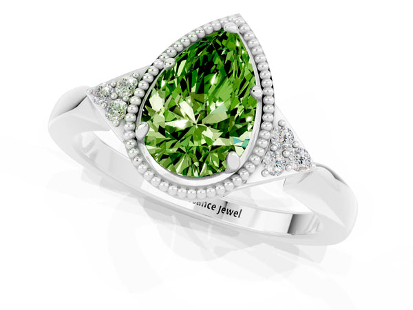 Silver Pear Cut Peridot Halo Ring with Tapered Band and Four-Prong Setting