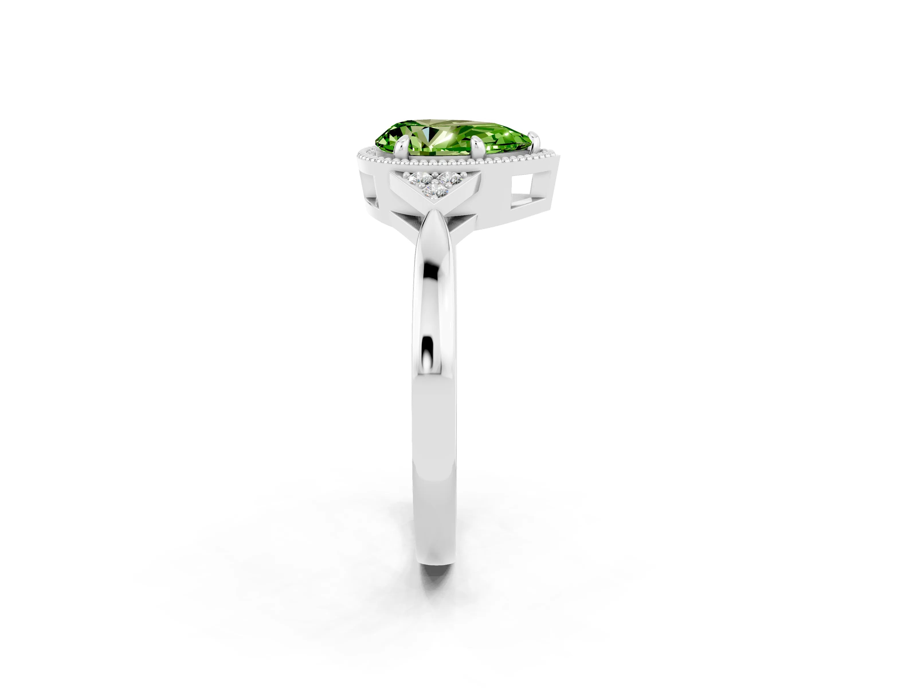 White gold Pear Cut Peridot Halo Ring with Tapered Band and Four-Prong Setting_2