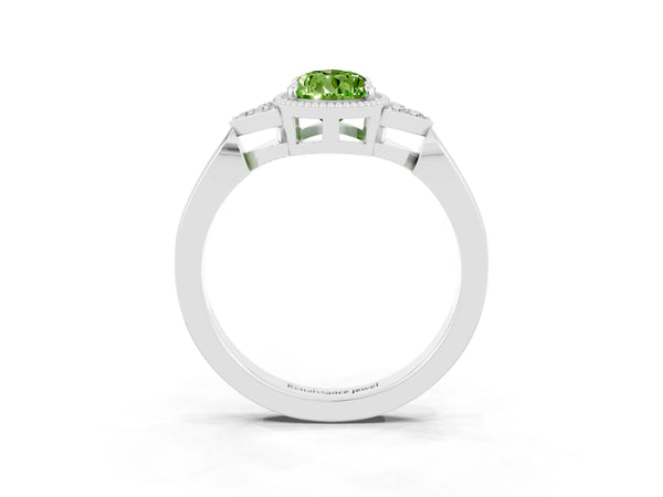 White gold Pear Cut Peridot Halo Ring with Tapered Band and Four-Prong Setting