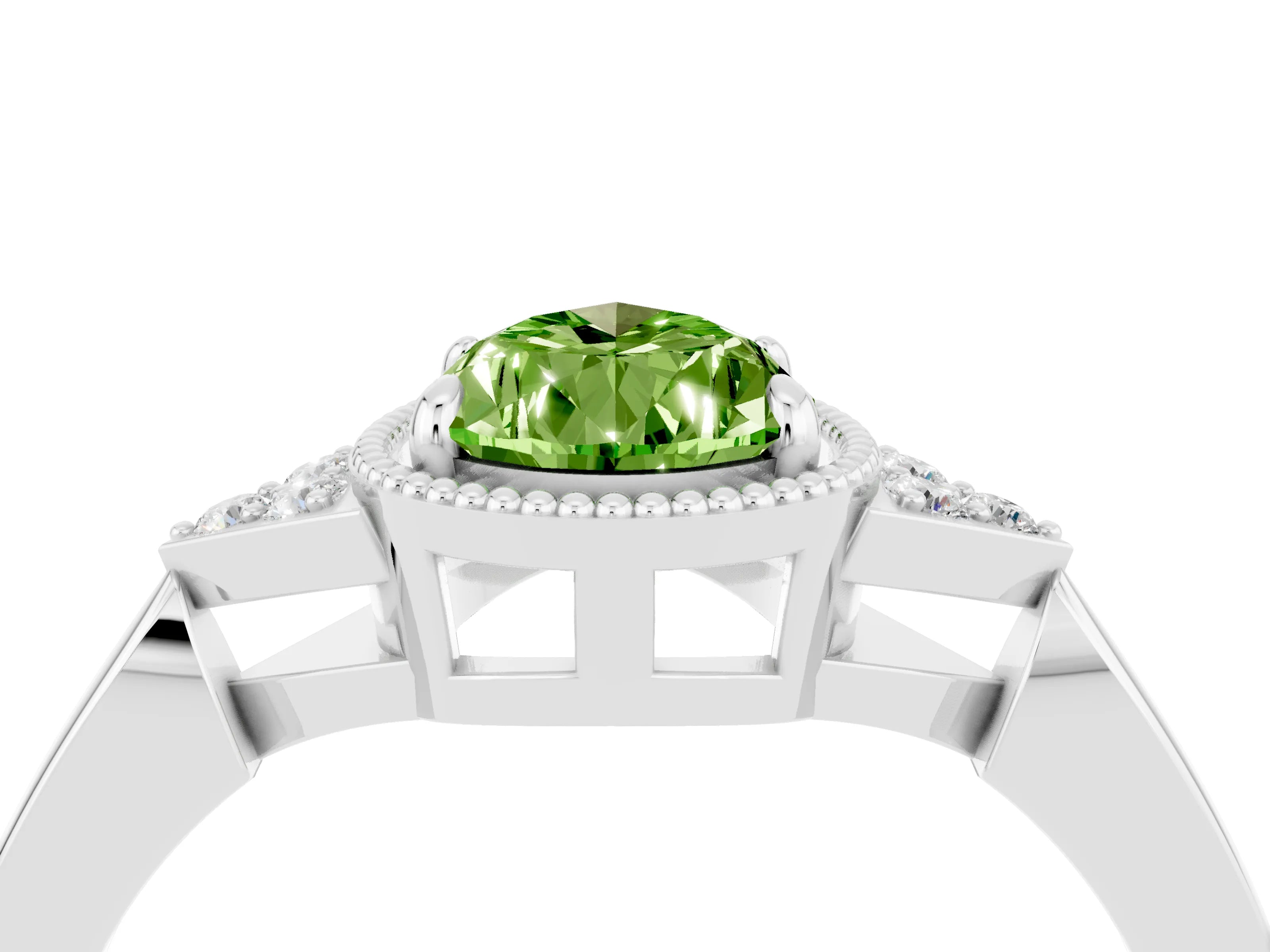 White gold Pear Cut Peridot Halo Ring with Tapered Band and Four-Prong Setting_4