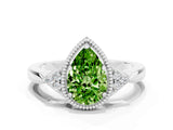 White gold Pear Cut Peridot Halo Ring with Tapered Band and Four-Prong Setting