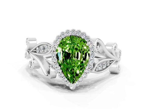 White gold Pear Cut Peridot Halo Ring with Vintage Split Shank and Four-Prong Setting