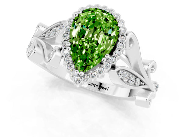 Silver Pear Cut Peridot Halo Ring with Vintage Split Shank and Four-Prong Setting