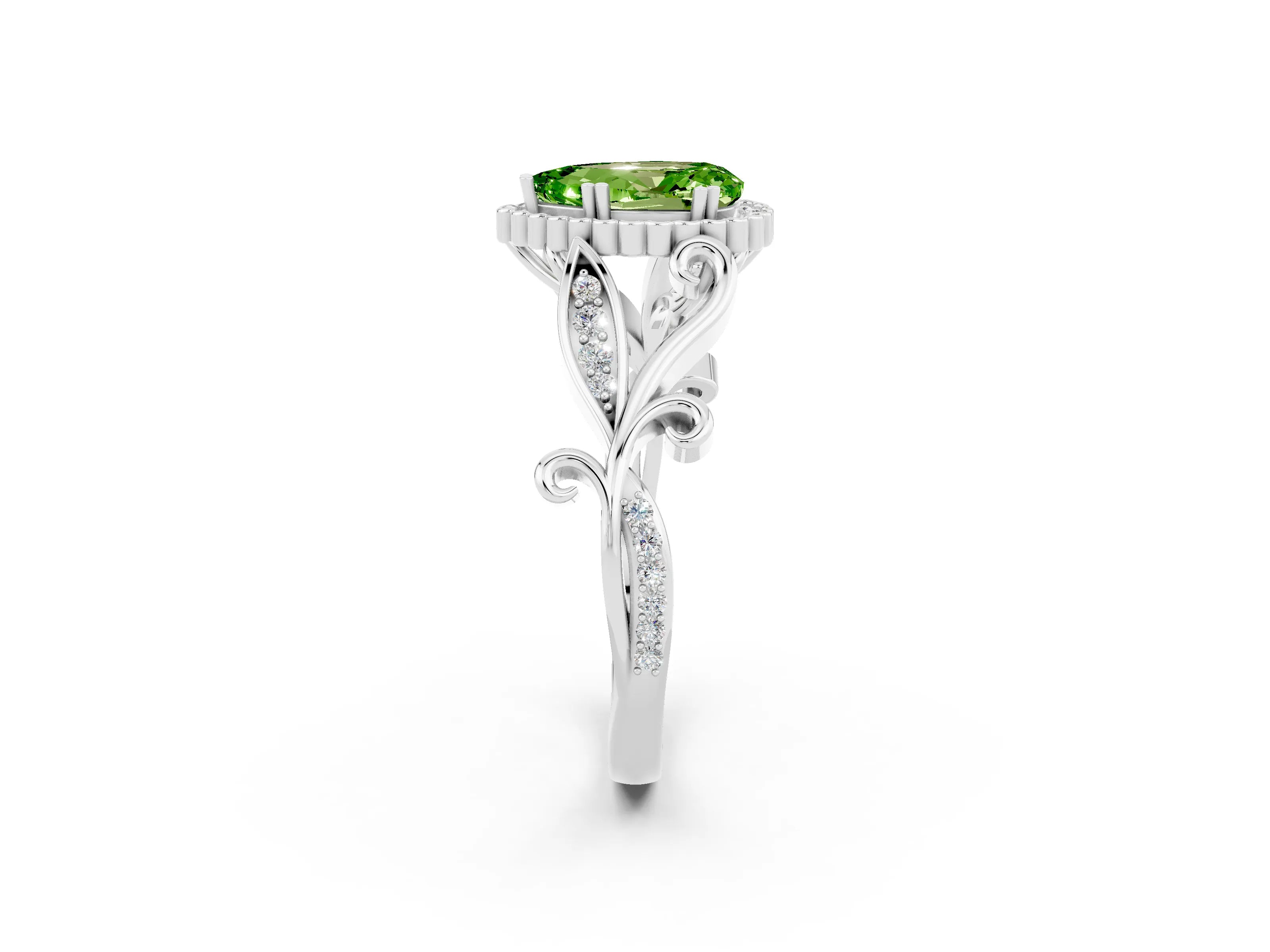 White gold Pear Cut Peridot Halo Ring with Vintage Split Shank and Four-Prong Setting_2