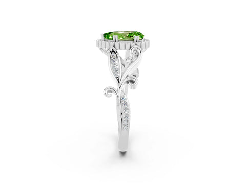 White gold Pear Cut Peridot Halo Ring with Vintage Split Shank and Four-Prong Setting_2