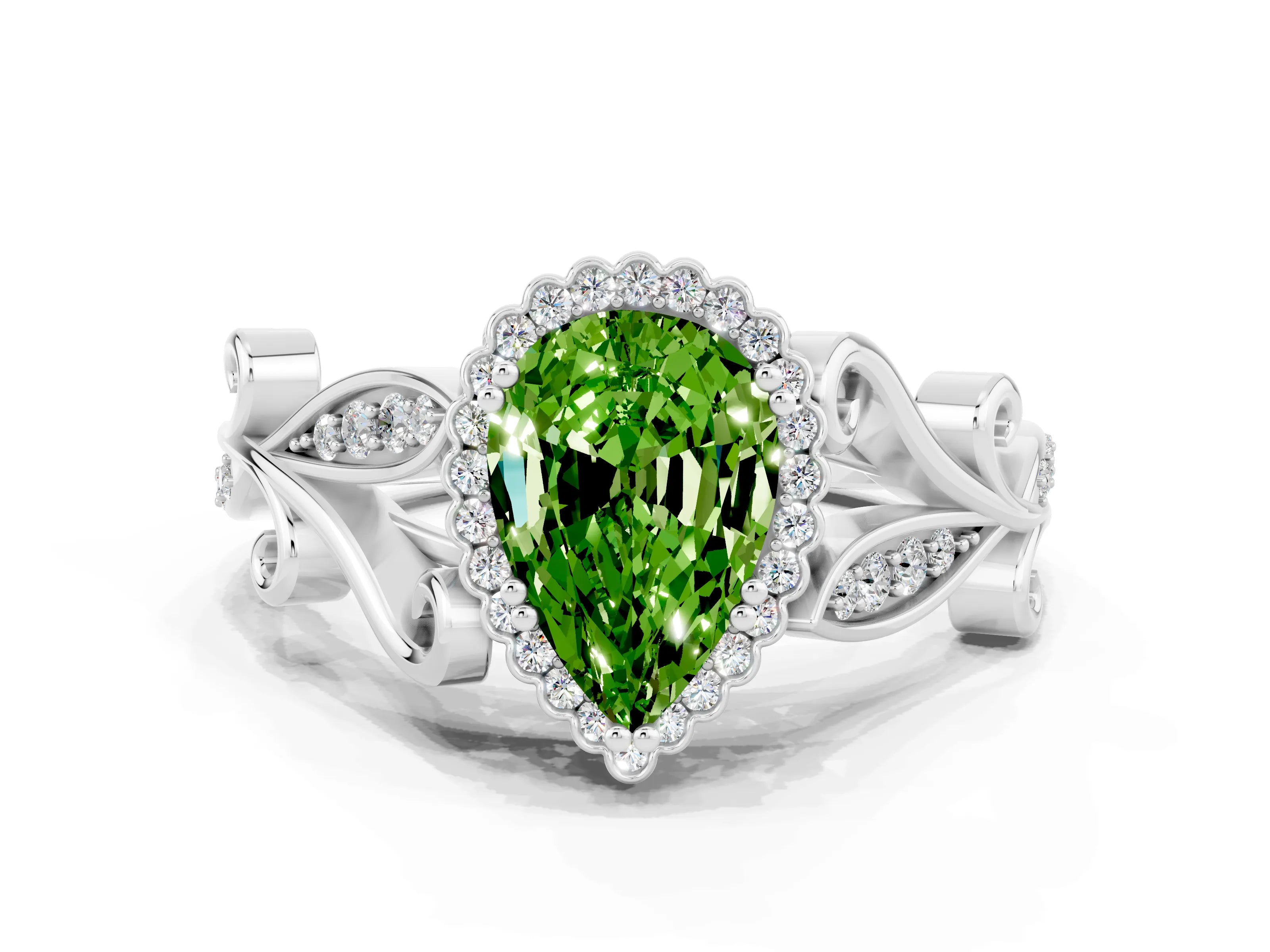 White gold Pear Cut Peridot Halo Ring with Vintage Split Shank and Four-Prong Setting