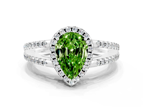 Platinum Pear Cut Peridot Halo Split Shank Engagement Ring