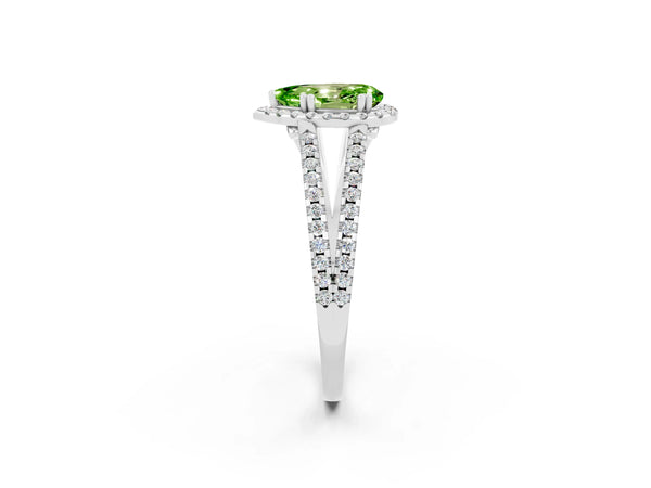 Platinum Pear Cut Peridot Halo Split Shank Engagement Ring