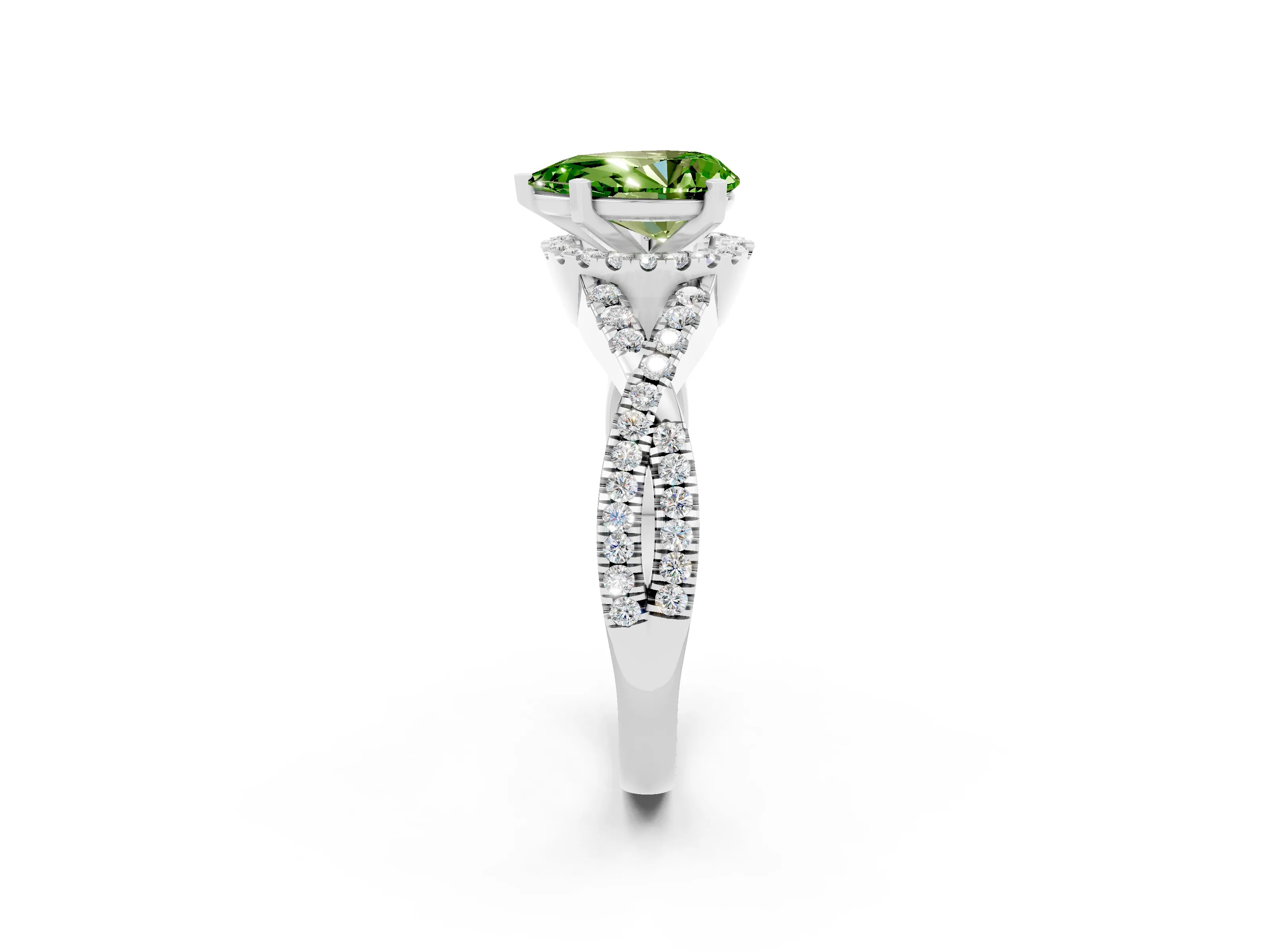 White gold Pear Cut Peridot Halo Twist Band Solitaire Prong Setting Ring_2