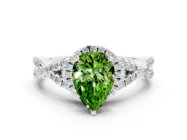 Silver Pear Cut Peridot  Halo Twist Band Solitaire Prong Setting Ring