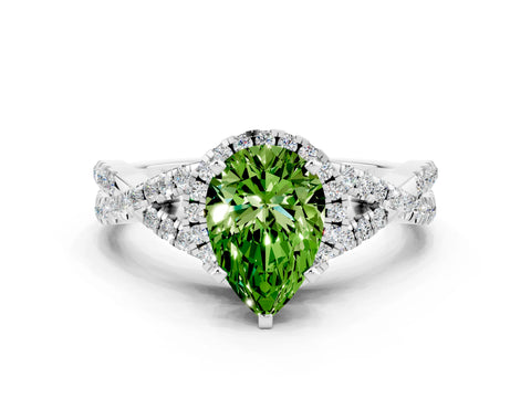 White gold Pear Cut Peridot Halo Twist Band Solitaire Prong Setting Ring