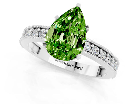 White gold Pear Cut Peridot Milgrain Pavé Engagement Ring with Four-Prong Setting_1