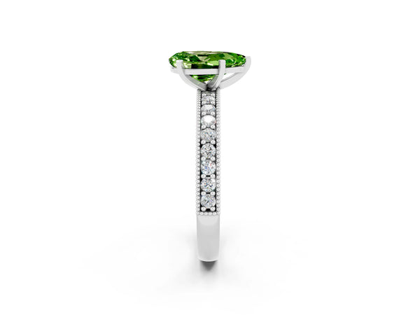 Platinum Pear Cut Peridot Milgrain Pavé Engagement Ring with Four-Prong Setting