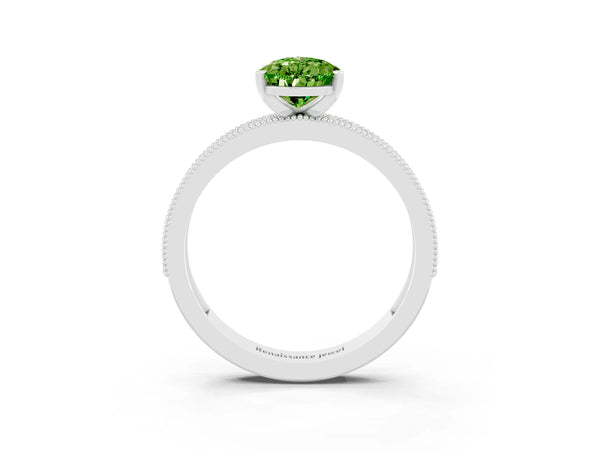 White gold Pear Cut Peridot Milgrain Pavé Engagement Ring with Four-Prong Setting