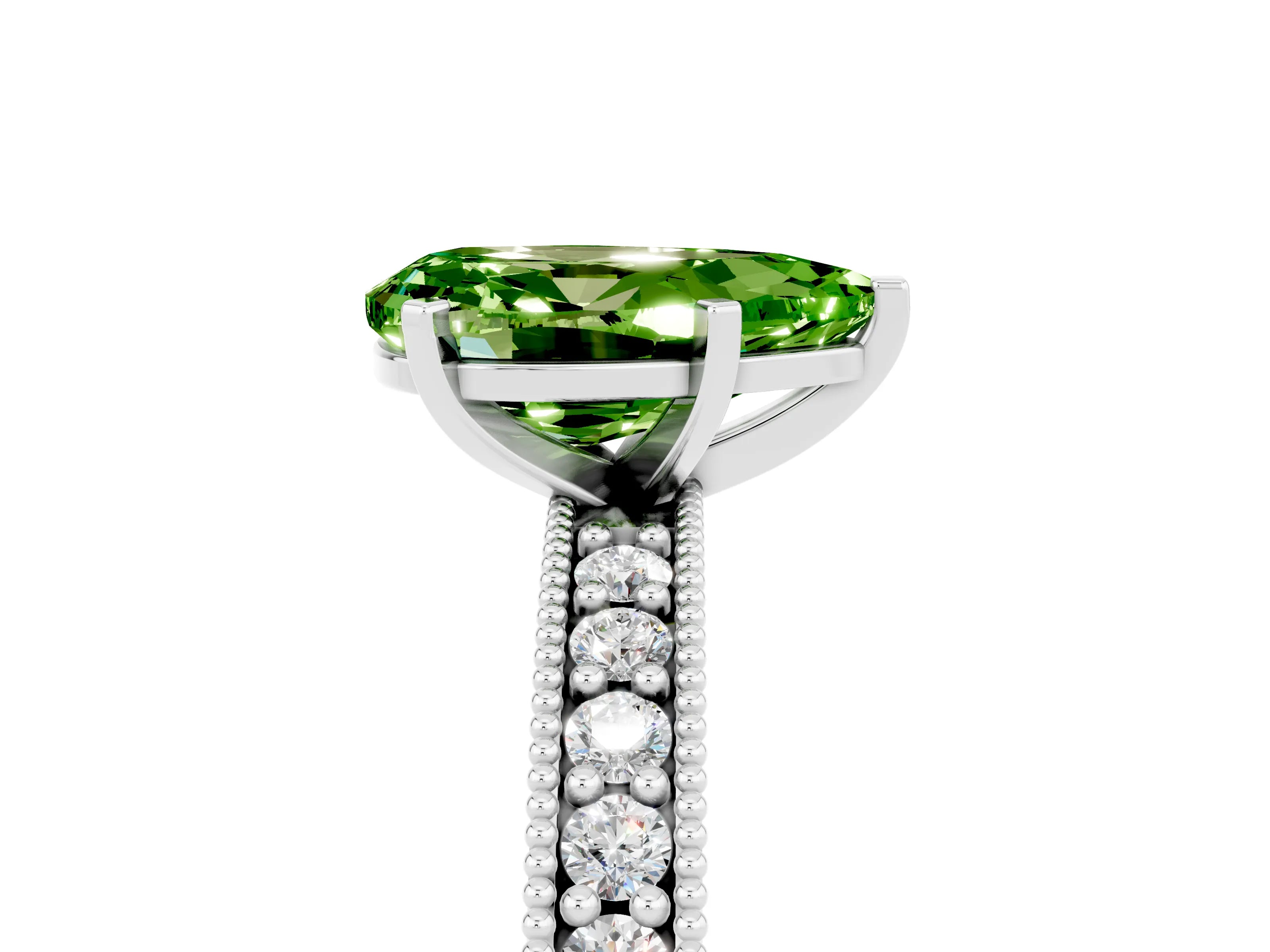 White gold Pear Cut Peridot Milgrain Pavé Engagement Ring with Four-Prong Setting_5