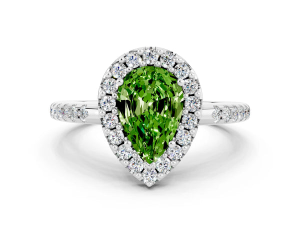 Platinum Pear Cut Peridot Pavé Halo Ring with Four-Prong Setting