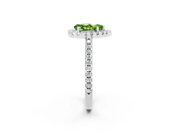 Silver Pear Cut Peridot Pavé Halo Ring with Four-Prong Setting