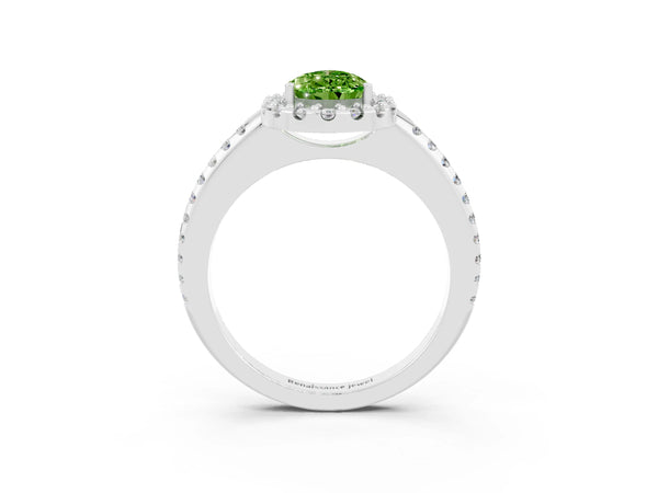 White gold Pear Cut Peridot Pavé Halo Ring with Four-Prong Setting