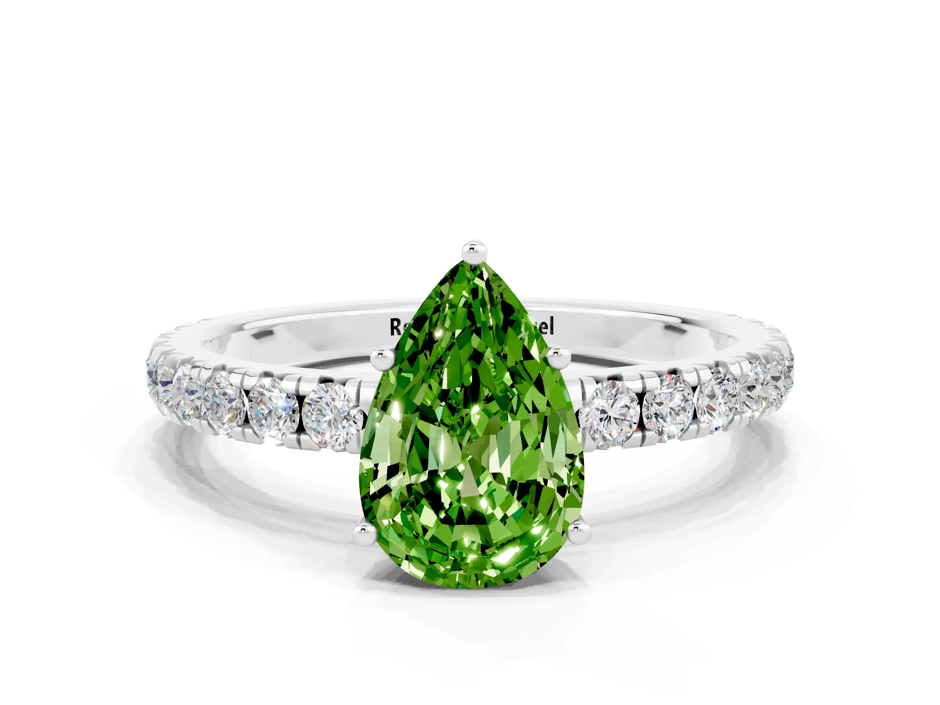 White gold Pear Cut Peridot Pavé Solitaire Engagement Ring with Four-Prong Setting_12