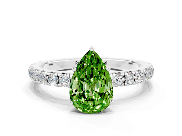 White gold Pear Cut Peridot Pavé Solitaire Engagement Ring with Four-Prong Setting