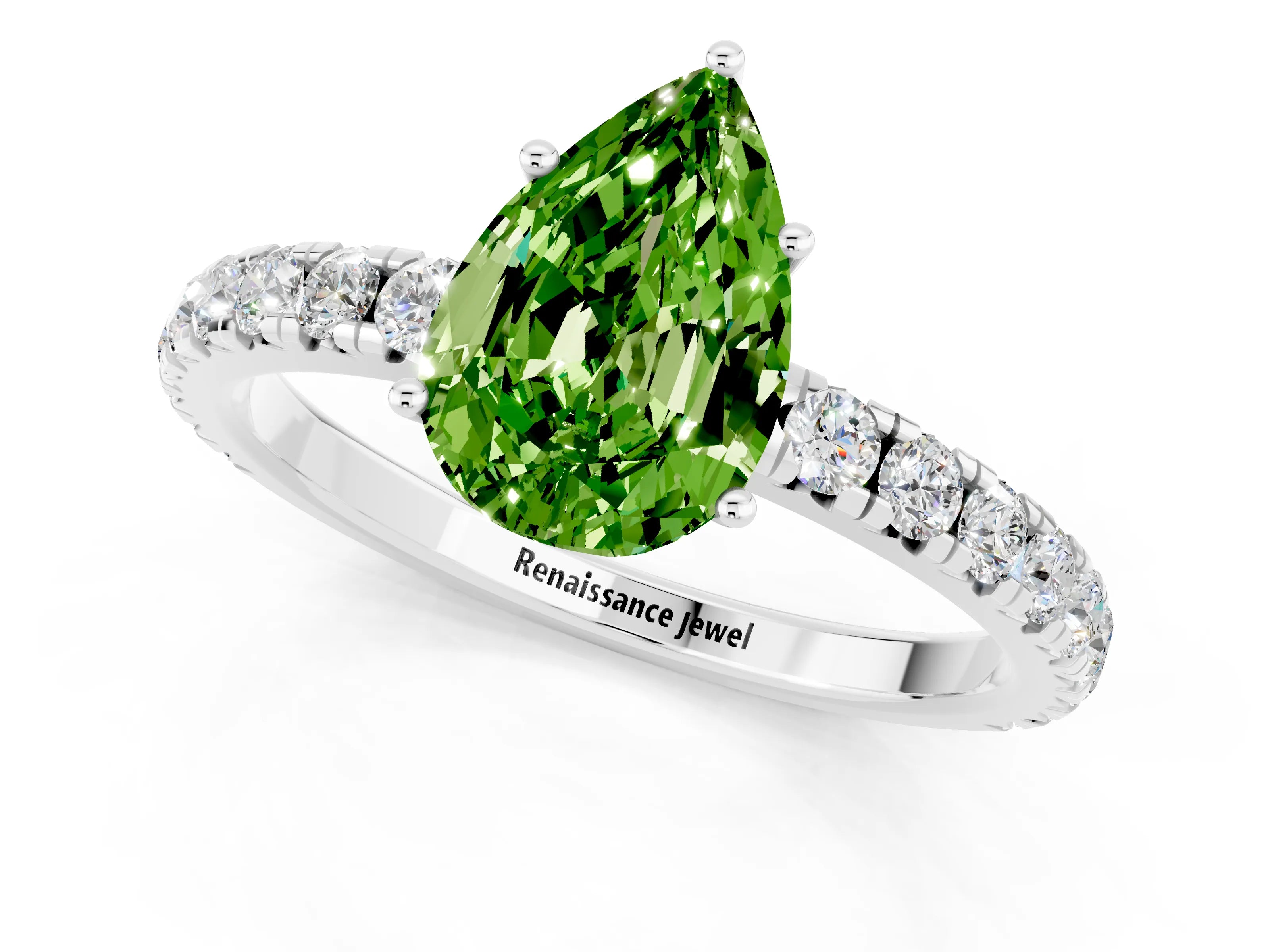 White gold Pear Cut Peridot Pavé Solitaire Engagement Ring with Four-Prong Setting_13
