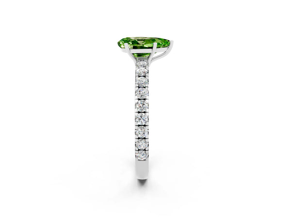 Platinum Pear Cut Peridot Pavé Solitaire Engagement Ring with Four-Prong Setting
