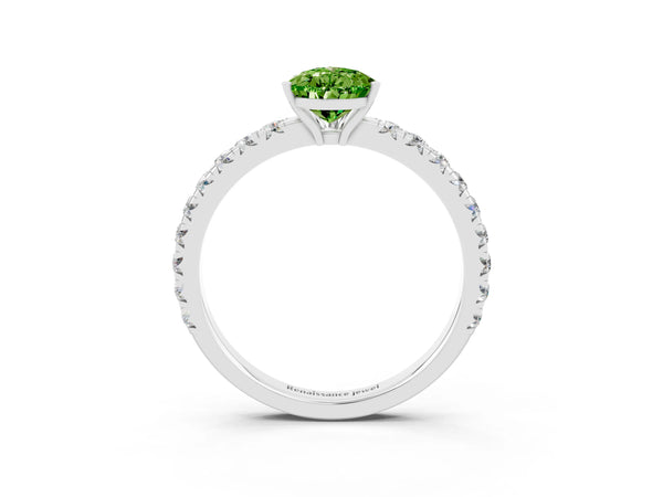 Silver Pear Cut Peridot Pavé Solitaire Engagement Ring with Four-Prong Setting