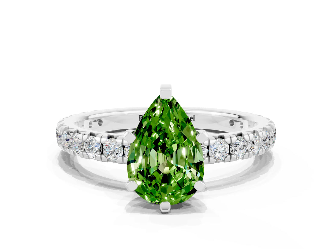 White gold Pear Cut Peridot Pavé Solitaire Ring with Round Band and Prong Setting_36