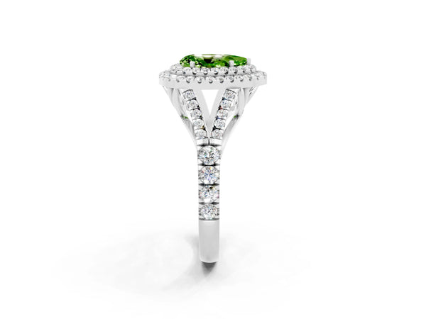 Silver Pear Cut Peridot Pavé Split Shank Double Halo Engagement Ring