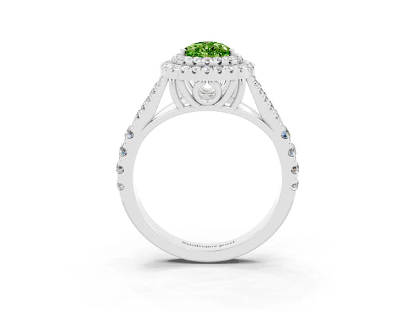 White gold Pear Cut Peridot Pavé Split Shank Double Halo Engagement Ring
