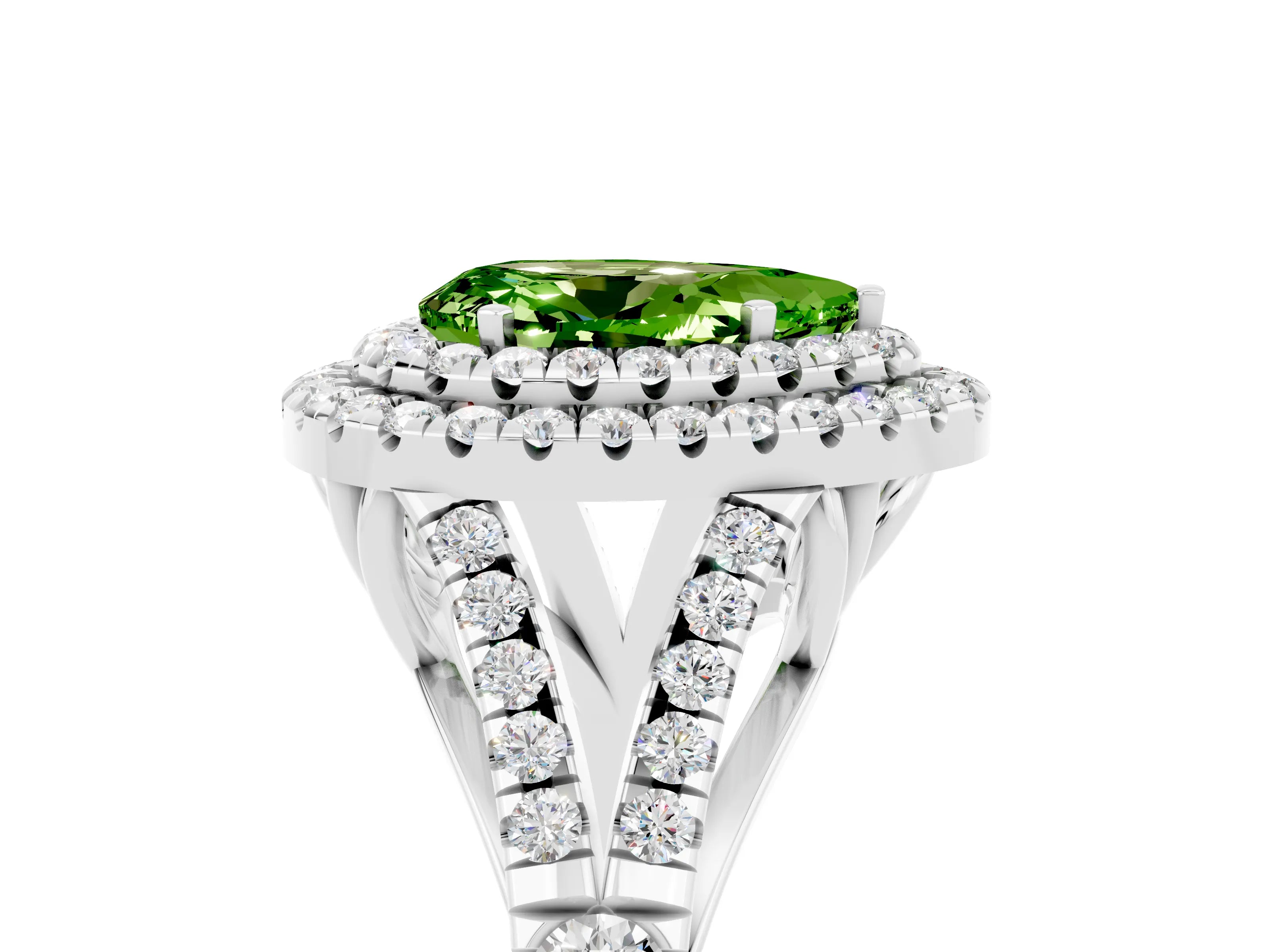 White gold Pear Cut Peridot Pavé Split Shank Double Halo Engagement Ring_5