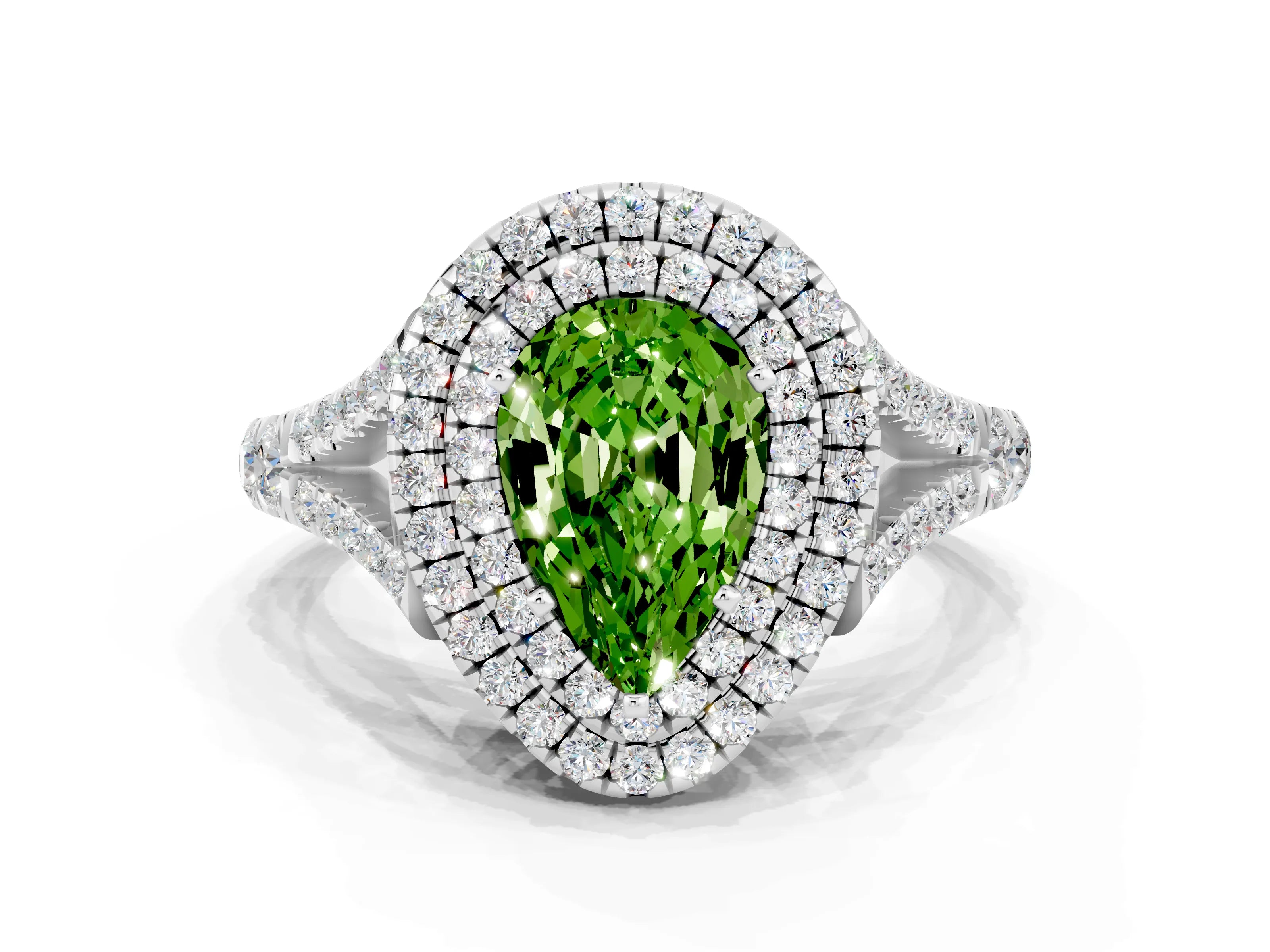 White gold Pear Cut Peridot Pavé Split Shank Double Halo Engagement Ring