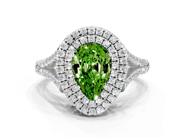Silver Pear Cut Peridot Pavé Split Shank Double Halo Engagement Ring
