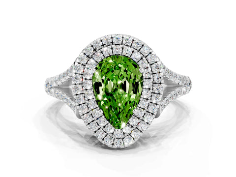 White gold Pear Cut Peridot Pavé Split Shank Double Halo Engagement Ring