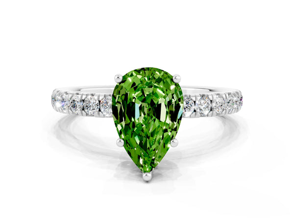 Silver Pear Cut Peridot Pave Band Solitaire Ring with Round  and Prong Setting