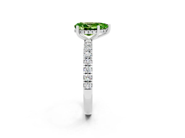 White gold Pear Cut Peridot Pave Band Solitaire Ring with Round  and Prong Setting