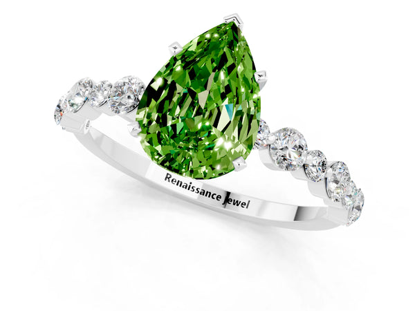 Platinum Pear Cut Peridot Prong Set Engagement Ring with Pavé Band
