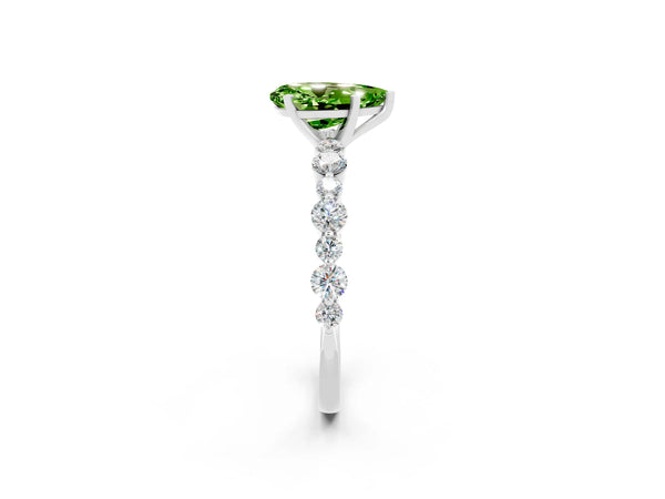 Silver Pear Cut Peridot Prong Set Engagement Ring with Pavé Band