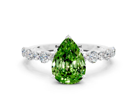 White gold Pear Cut Peridot Prong Set Engagement Ring with Pavé Band