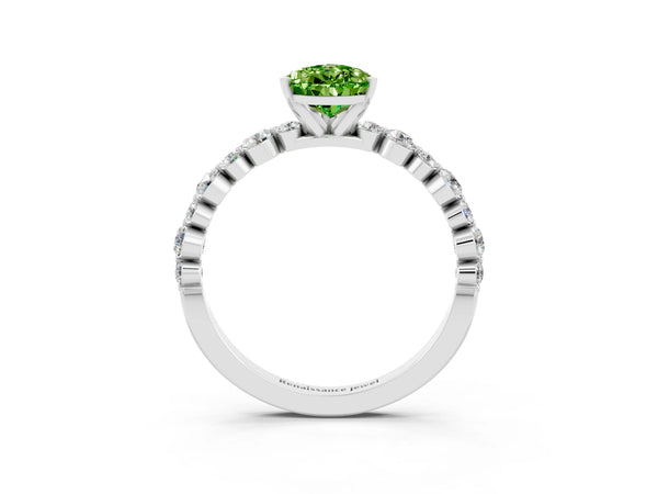 White gold Pear Cut Peridot Prong Set Engagement Ring with Pavé Band