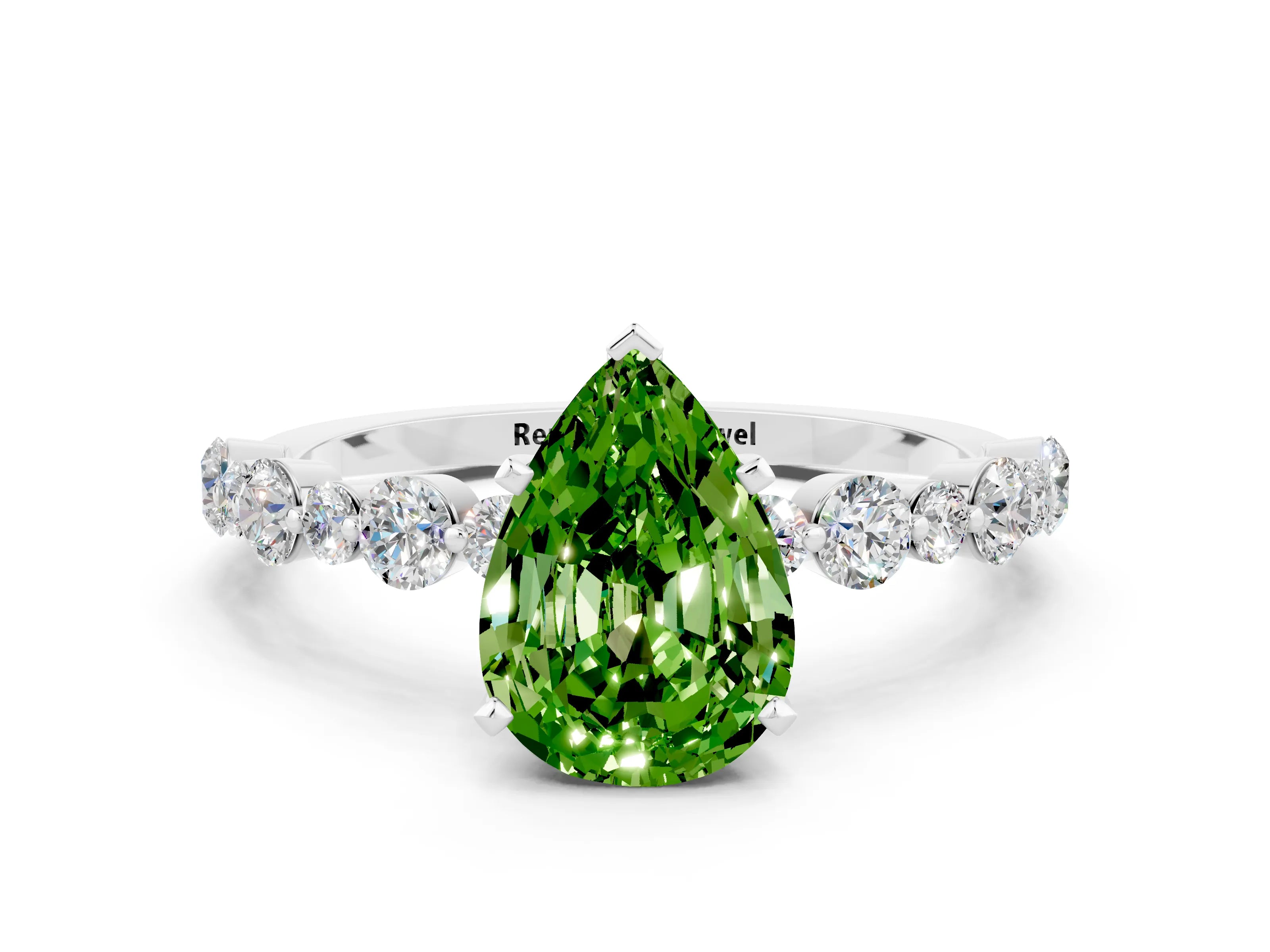 White gold Pear Cut Peridot Prong Set Engagement Ring with Pavé Band