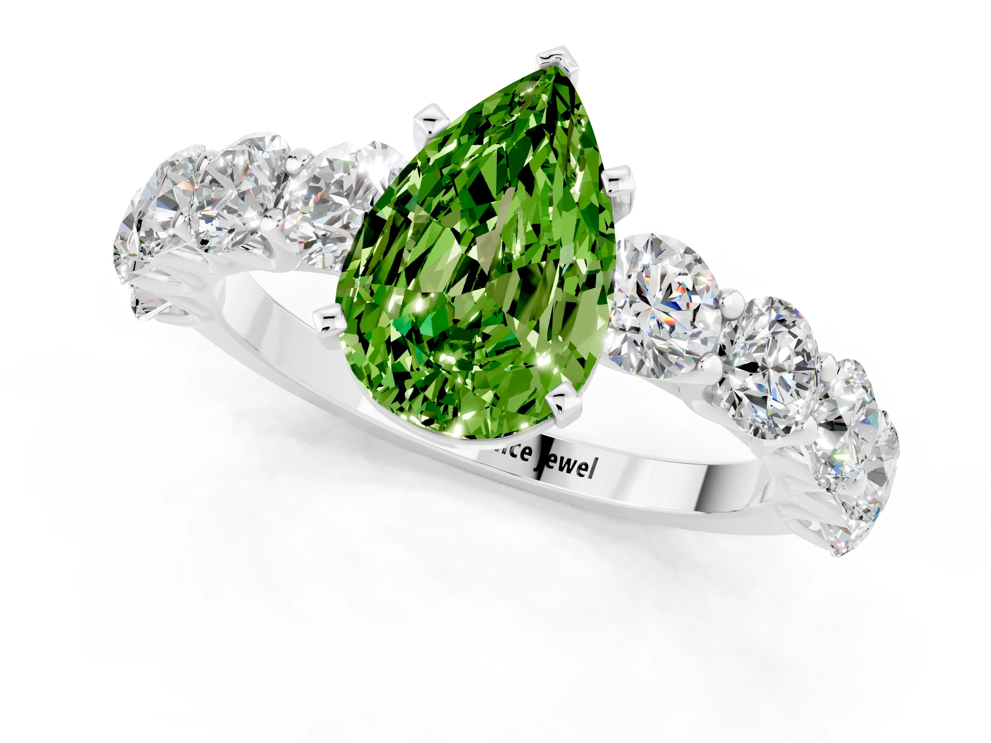 White gold Pear Cut Peridot Prong Setting with Side Stones on a Pave Band_1