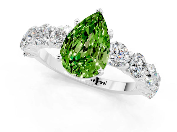 White gold Pear Cut Peridot Prong Setting with Side Stones on a Pave Band