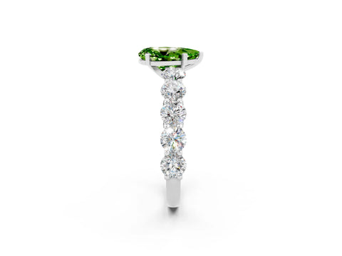 White gold Pear Cut Peridot Prong Setting with Side Stones on a Pave Band_2