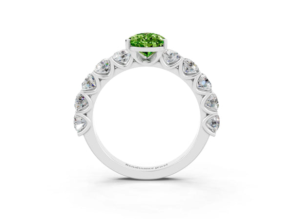 Silver Pear Cut Peridot Prong Setting with Side Stones on a Pave Band